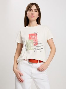 Cross Jeans Koszulka w kolorze kremowym rozmiar: M. Brązowe bluzki Cross Jeans, m, bez wzorów, z jeansu, bez kołnierzyka, bez ramiączek. Za 57,06 zł.
