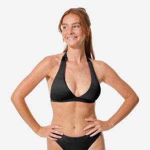 Góra kostiumu kąpielowego damska Decathlon Cora. Czarne bikini OLAIAN, bez wzorów, z elastanu. Za 69,99 zł.