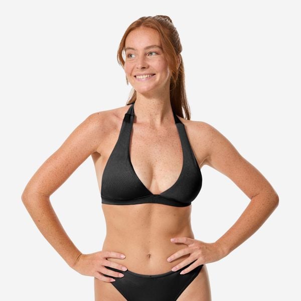 Góra kostiumu kąpielowego damska Decathlon Cora. Czarne bikini OLAIAN, bez wzorów, z elastanu. Za 69,99 zł.