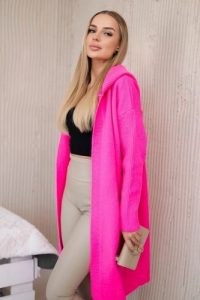 Sweter Kardigan z kapturem różowy neon. Czerwone długie swetry KESI, l, z lycry, bez kołnierzyka, plus size. Za 218,51 zł.