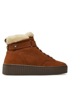 Tommy Hilfiger Botki Faux Fur Nubuck Low Lace-Up FW0FW08172 Brązowy. Brązowe botki TOMMY HILFIGER, bez wzorów, z nubiku, bez obcasa, na płaskiej podeszwie, bez zapięcia. Za 379,99 zł.