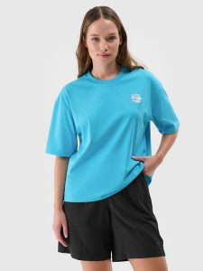 4F T-shirt oversize z nadrukiem damski - turkusowy S. Niebieskie t-shirty 4f, s, bez wzorów, z bawełny, bez kołnierzyka, bez ramiączek. W wyprzedaży za 39,99 zł.