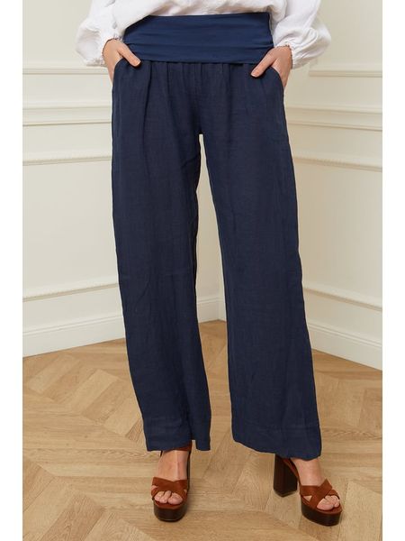 Fleur de Lin Lniane spodnie "Astrid" w kolorze granatowym rozmiar: L. Niebieskie spodnie z wysokim stanem Fleur de Lin, bez wzorów, ze lnu, z podwyższonym stanem. Za 109,00 zł.