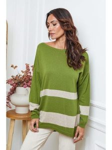 So Cachemire Sweter "Ellev" w kolorze zielono-beżowym rozmiar: XL. Zielone swetry oversize So Cachemire, xl, bez wzorów, z kaszmiru, bez ramiączek. Za 214,19 zł.