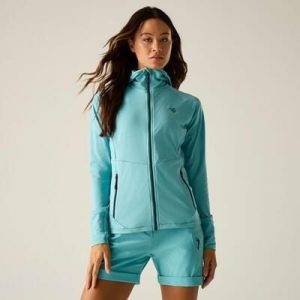 Damska bluza środkowa z kapturem i rozciągliwym zamkiem błyskawicznym Nomadic. Niebieskie bluzy Dare 2b, bez wzorów, z elastanu, z kapturem. W wyprzedaży za 229,99 zł.