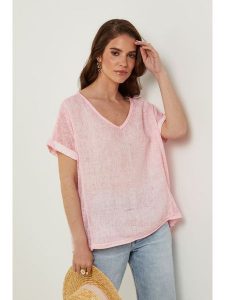 Rodier Lin Lniana koszulka w kolorze jasnoróżowym rozmiar: M/L. Różowe bluzki Rodier Lin, l, bez wzorów, ze lnu, bez kołnierzyka, bez ramiączek. Za 132,05 zł.