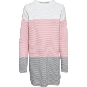 Długi sweter w paski. Białe długie swetry bonprix, z dzianiny, bez kołnierzyka. Za 119,99 zł.