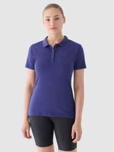 4F Koszulka polo slim damska - granatowa XS. Niebieskie bluzki 4f, xs, bez wzorów, z bawełny, klasyczne, bez kołnierzyka, bez ramiączek. Za 89,99 zł.