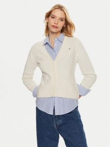 Tommy Hilfiger Kardigan WW0WW43092 Beżowy Regular Fit. Brązowe kardigany TOMMY HILFIGER, z wełny. Za 359,99 zł.
