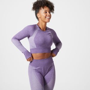Koszulka fitness damska Domyos długi rękaw. Fioletowe biustonosze DOMYOS, bez wzorów, z materiału. W wyprzedaży za 69,99 zł.