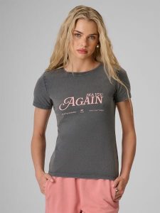 4F T-shirt slim z nadrukiem damski - szary M. Szare t-shirty 4f, m, bez wzorów, z dzianiny, bez kołnierzyka, bez ramiączek. Za 59,99 zł.