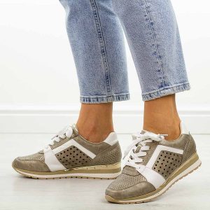 Złote sneakersy damskie, półbuty M.Daszyński 2169-4. Żółte półbuty M.Daszyński, w ażurowe wzory, ze skóry, bez obcasa, na obcasie, bez zapięcia. Za 119,00 zł.
