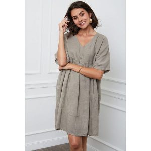 Fleur de Lin Lniana sukienka "Etsy" w kolorze szarobrązowym rozmiar: L. Brązowe sukienki Fleur de Lin, l, bez wzorów, ze lnu, bez kołnierzyka, bez ramiączek, mini. Za 173,99 zł.