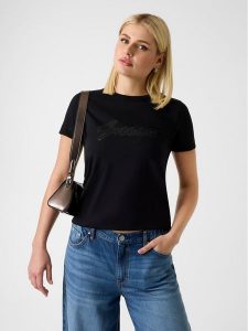 Guess T-Shirt W6GI08 K3023 Czarny Regular Fit. Czarne t-shirty Guess, xs, z aplikacjami, z bawełny, bez kołnierzyka, bez ramiączek. Za 229,99 zł.