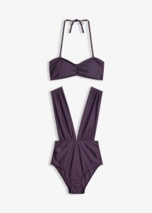 Kostium kąpielowy typu bandeau + górą bikini bandeau (2 części). Fioletowe bikini bonprix, bez wzorów. Za 69,99 zł.