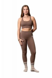 Premium zestaw sportowy – legginsy i biustonosz sportowy. Szare legginsy MEWAVE, bez wzorów, z materiału, z podwyższonym stanem. Za 216,00 zł.