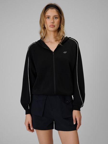 4F Bluza dresowa regular z kapturem damska - czarna L. Czarne bluzy 4f, l, bez wzorów, z dresówki, z kapturem. Za 179,99 zł.