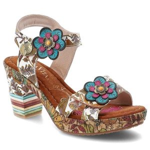 Sandały damskie Laura Vita, cholewka skóra naturalna kolorowy wzór kwiatowe aplikacje regulowany pasek zapięcie na rzep stabilny obcas, brązowe, Nell. Brązowe sandały LAURA VITA, z aplikacjami, z materiału, bez obcasa, na obcasie, bez zapięcia. Za 349,00 zł.