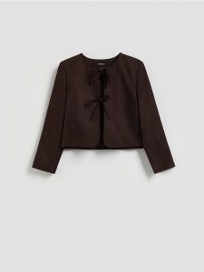 Marynarka z lnem i wiskozą - ciemnobrązowy. Brązowe marynarki i żakiety Reserved, l, bez wzorów, z tkaniny. Za 159,99 zł.