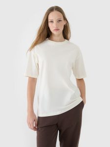 4F T-shirt oversize gładki damski - biały XL. Białe t-shirty 4f, xl, bez wzorów, z bawełny, bez kołnierzyka, bez ramiączek. W wyprzedaży za 39,99 zł.