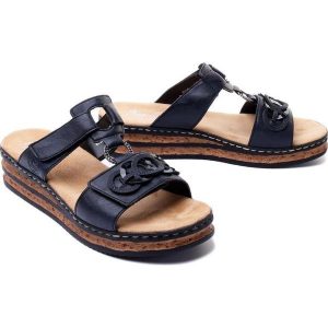 RIEKER 62936-14 blue, klapki damskie. Niebieskie klapki Rieker, bez wzorów, bez obcasa, na koturnie. Za 299,90 zł.