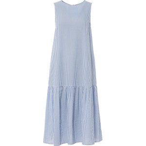 Sukienka midi w fasonie o linii litery A. Niebieskie sukienki bonprix, na lato, bez wzorów, bez kołnierzyka, bez ramiączek, midi. Za 169,99 zł.