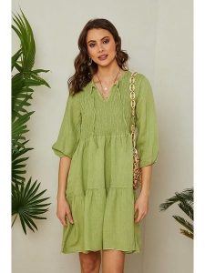 Lin Passion Lniana sukienka w kolorze limonkowym rozmiar: 36/38. Zielone sukienki Lin Passion, na co dzień, bez wzorów, ze lnu, klasyczne, bez kołnierzyka, bez ramiączek, mini, proste. Za 173,99 zł.