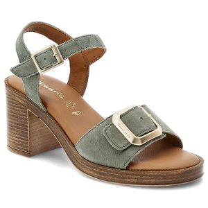 Sandały damskie Tamaris, skóra naturalna zamszowa regulowane paski z klamrami stabilny drewnopodobny obcas wygodna wyprofilowana wkładka, zielone, 1-. Zielone sandały Tamaris, bez wzorów, ze skóry, bez obcasa, na obcasie, bez zapięcia. Za 359,00 zł.
