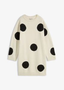 Sukienka dzianinowa oversize w kropki. Brązowe sukienki bonprix, bez wzorów, z dzianiny, bez kołnierzyka, bez ramiączek, oversize. Za 139,99 zł.