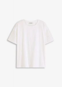 T-shirt z ażurowym haftem. Białe t-shirty bonprix, w ażurowe wzory, bez kołnierzyka, bez ramiączek. Za 24,99 zł.