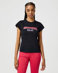WRANGLER DAMSKA KOSZULKA WRANGLER SHRUNKEN BAND TEE BLACK 112355289. Czarne bluzki Wrangler, xs, bez wzorów, bez kołnierzyka, bez ramiączek. Za 89,99 zł.