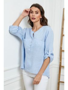 Joséfine Lniana bluzka w kolorze błękitnym rozmiar: XL. Niebieskie bluzki Joséfine, xl, bez wzorów, ze lnu, bez kołnierzyka, bez ramiączek. Za 188,85 zł.