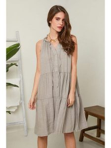 Rodier Lin Lniana sukienka w kolorze szarobrązowym rozmiar: M/L. Brązowe sukienki Rodier Lin, l, bez wzorów, ze lnu, bez kołnierzyka, bez ramiączek, midi. Za 162,49 zł.