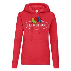 Damska Bluza Z Kapturem Z Nadrukiem Logo W Stylu Vintage. Czerwone bluzy FRUIT OF THE LOOM, s, bez wzorów, z kapturem. Za 114,99 zł.