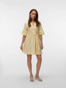 Vero Moda Sukienka w kolorze żółtym rozmiar: L. Żółte sukienki Vero Moda, l, bez wzorów, z bawełny, bez kołnierzyka, bez ramiączek, mini. Za 143,95 zł.