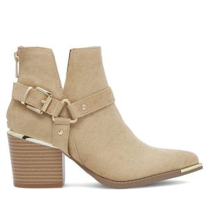 Kowbojki DeeZee. Brązowe botki DeeZee, bez wzorów, bez obcasa, na słupku, bez zapięcia. Za 99,99 zł.