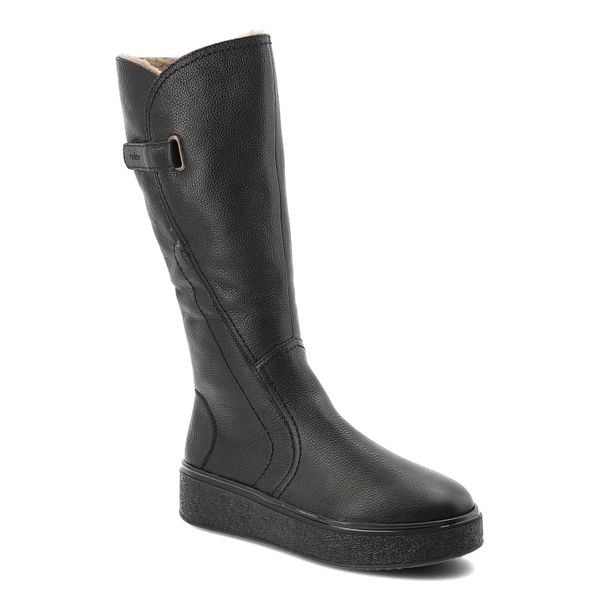 Kozaki damskie Rieker, na grubej platformie z wysoką cholewką skórzaną i ocieplane, czarne, 78853-00. Czarne kozaki Rieker, na zimę, bez wzorów, z jeansu, przed kolano, bez obcasa, bez zapięcia. Za 399,00 zł.