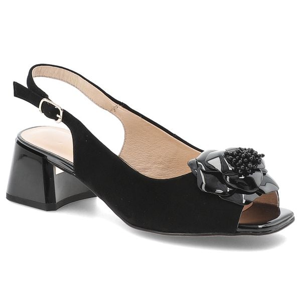 Sandały damskie S.Barski, a stabilnym obcasie z odkrytym noskiem i regulowanym paskiem wokół pięty ozdobione efektowną aplikacją w czarnym połyskując. Czarne sandały S.BARSKI, z aplikacjami, bez obcasa, na obcasie, bez zapięcia. Za 296,90 zł.