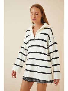 Happiness Istanbul Sweter w kolorze kremowo-czarnym rozmiar: onesize. Brązowe swetry oversize Happiness Istanbul, bez wzorów, z wełny, bez ramiączek. Za 74,46 zł.