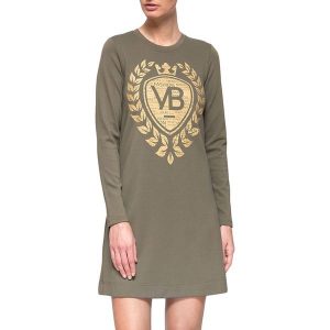 Sukienka w kolorze khaki. Brązowe sukienki marki YULIYA BABICH, xs, z nadrukiem, z okrągłym kołnierzem. W wyprzedaży za 149,95 zł.