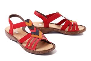 RIEKER 60804-33 red combination, sandały damskie. Czerwone sandały Rieker, bez wzorów, bez obcasa, na obcasie, bez zapięcia. Za 231,92 zł.
