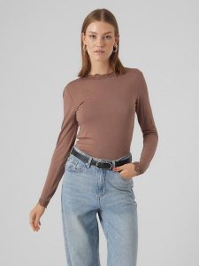 Vero Moda Koszulka "Vmrosa" w kolorze szarobrązowym rozmiar: XS. Brązowe bluzki Vero Moda, xs, bez wzorów, z koronki, bez kołnierzyka, bez ramiączek. Za 35,10 zł.