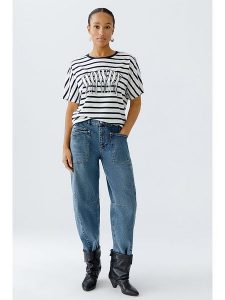 Oui Koszulka w kolorze biało-niebieskim rozmiar: 40. Białe bluzki Oui, bez wzorów, z bawełny, bez kołnierzyka, bez ramiączek. Za 114,17 zł.