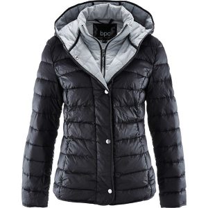Kurtka puchowa 2 w 1. Czarne kurtki bonprix, bez wzorów, z puchu, z kapturem. Za 319,99 zł.