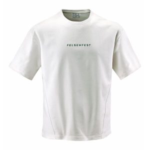 Koszulka boulderingowa Oversized Volumes. Białe bluzki FELSENFEST, bez wzorów, z bawełny, sportowe, bez kołnierzyka, bez ramiączek. Za 159,99 zł.