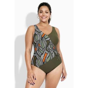 Damskie Strój kąpielowy efekt kopertowy miękkie miseczki ozdobne taśmy. Zielone stroje jednoczęściowe Ulla Popken, bez wzorów, z elastanu. Za 239,99 zł.