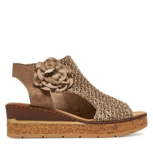 Sandały Rieker. Brązowe sandały Rieker, bez wzorów, bez obcasa, na koturnie, bez zapięcia. Za 359,99 zł.