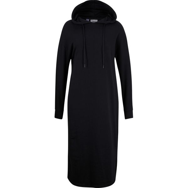 Sukienka dresowa oversized. Czarne sukienki bonprix, bez wzorów, z dresówki, bez kołnierzyka, bez ramiączek. Za 129,99 zł.
