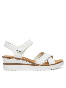 Rieker Sandały V38G9-80 Biały. Białe sandały Rieker, bez wzorów, z syntetyku, bez obcasa, na koturnie, bez zapięcia. Za 289,99 zł.