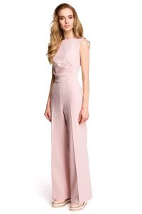 Elegancki Kombinezon z Szerokimi Nogawkami - Pudrowy. Czarne kombinezony MOE, l, bez wzorów, z elastanu, eleganckie, bez kołnierzyka, bez ramiączek. Za 263,90 zł.